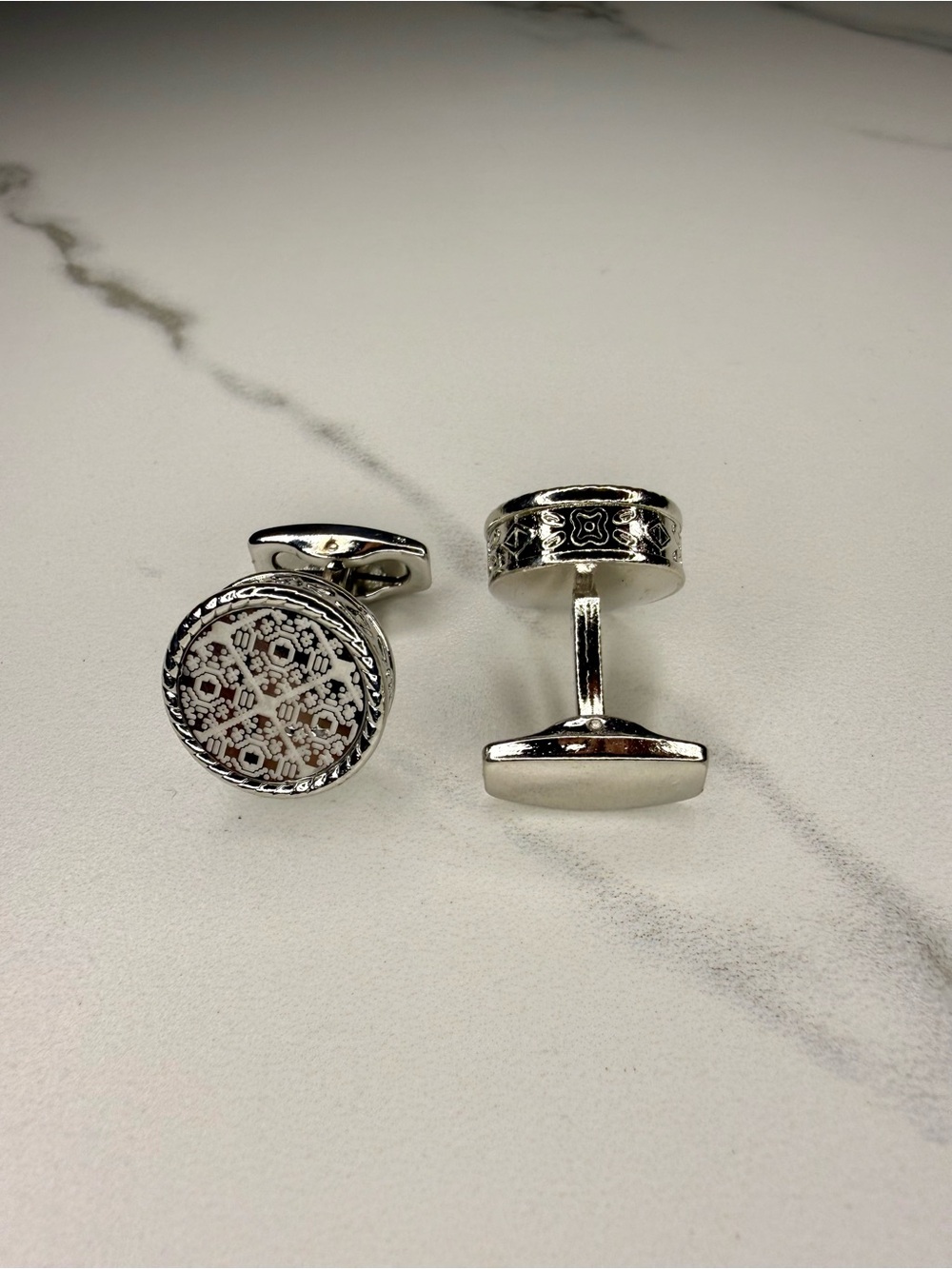 Silver Tone Round Patterned Cufflinks